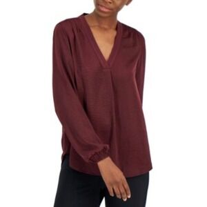 Alfani Womens Burgundy V-Neck Satin Blouse Smocked Cuff Long Sleeve Top Wine